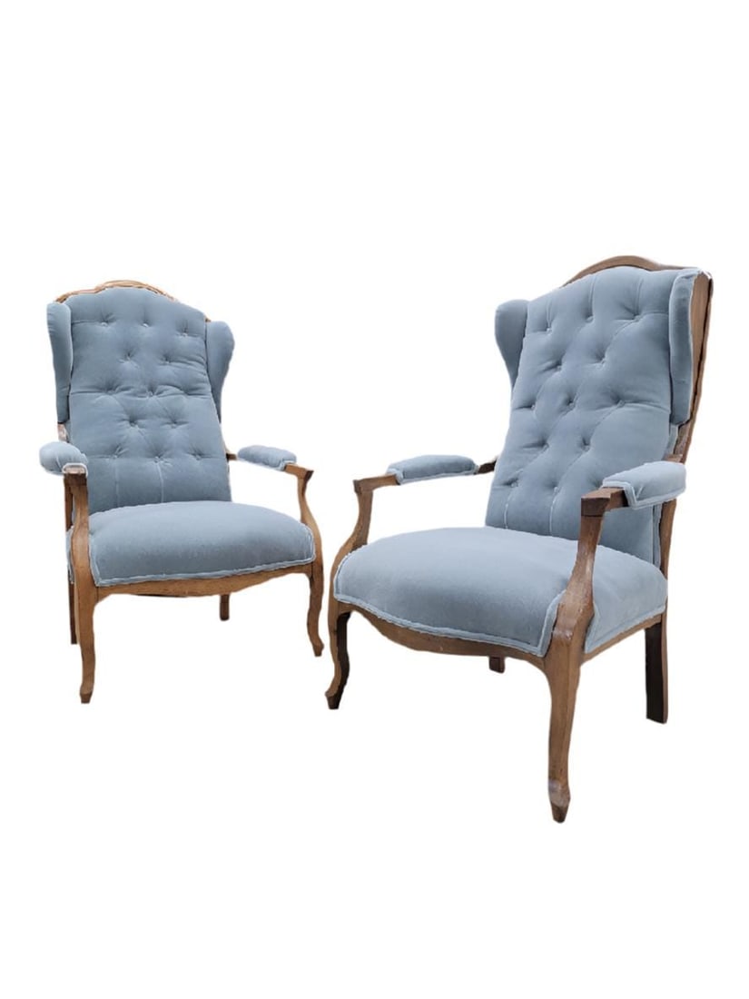 Vintage French Country Style Wingback Chairs Newly Reupholstered - Pair: Vintage French Country Biedermeier Style Tufted Back Wingback Armchairs Newly Reupholstered in "French-Blu" Mohair - Pair This exquisite pair of Vintage French Country Biedermeier Style Tufted Back