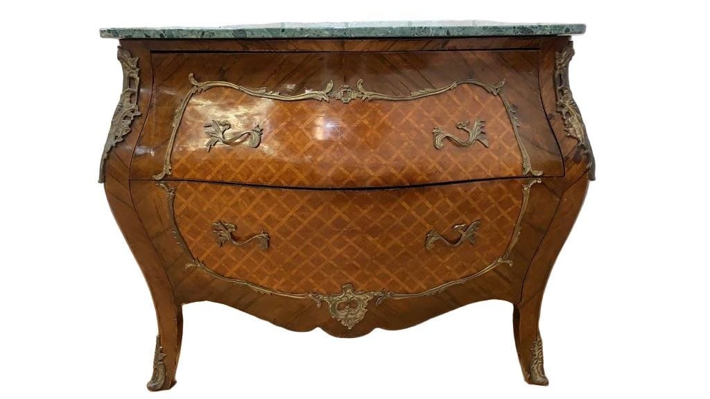 Antique French Louis XVI Style Marble Top Parquetry Bombe Chest - 4