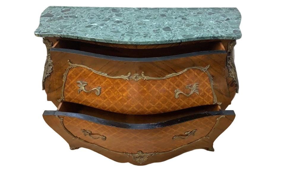 Antique French Louis XVI Style Marble Top Parquetry Bombe Chest - 5