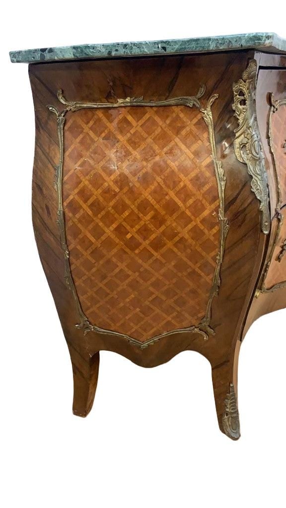Antique French Louis XVI Style Marble Top Parquetry Bombe Chest - 7