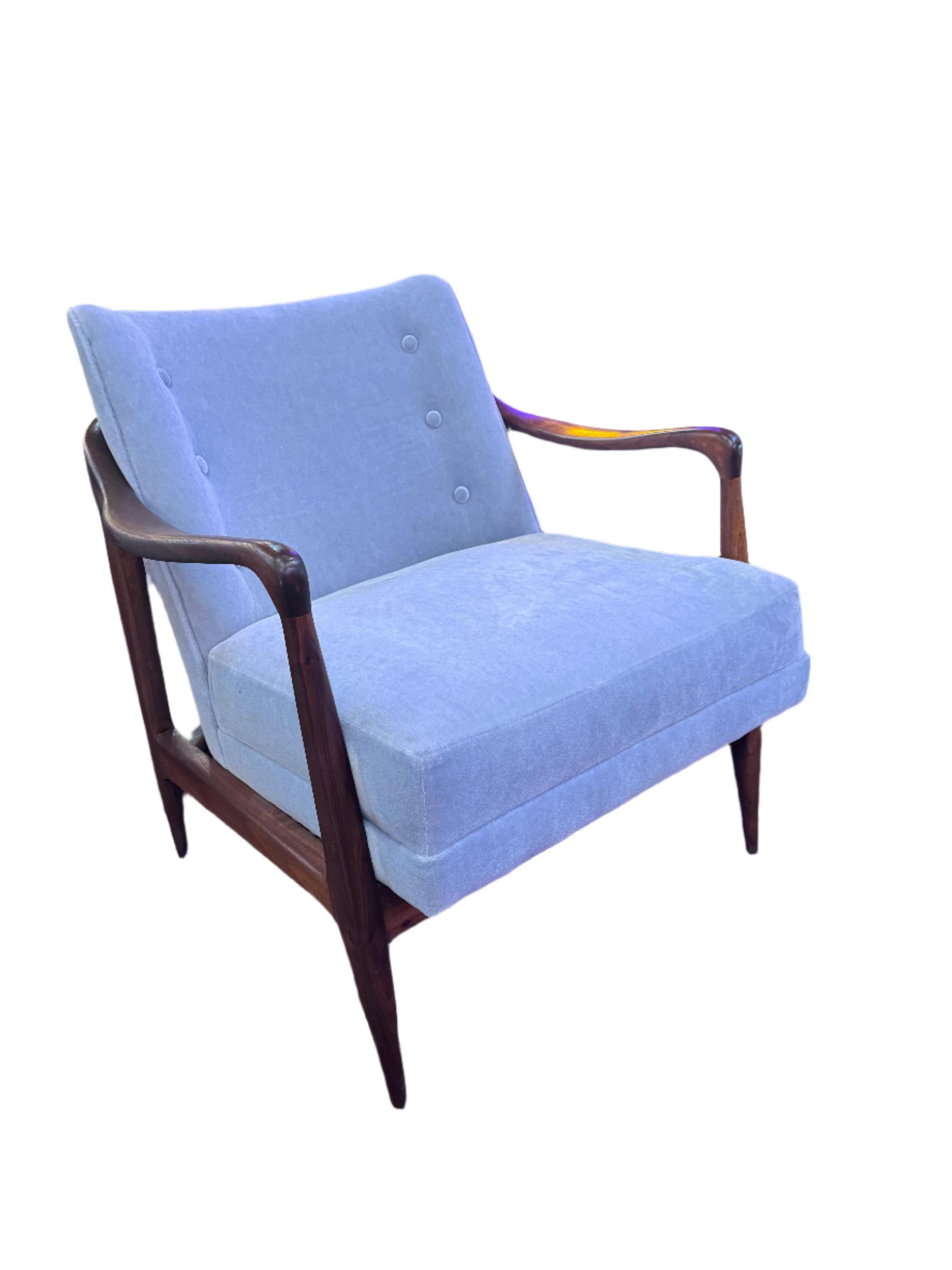 MCM Sculptural Accent Chair Newly Reupholstered: Mid Century Modern Sculptural Walnut Lounge Chair in the Style of Gio Ponti Newly Upholstered in a Light Blue MohairThe Gio Ponti styled sculptural walnut lounge chair showcases a harmonious blend of