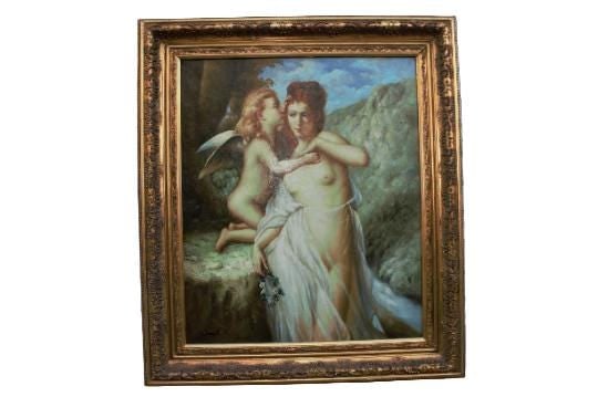 Antique French Neoclassical Style Painting: Materials: woodAntique French Neoclassical Style Painting Style of "The Secret of Love" by Adolphe Jourdan in a Carved Ornate Gold FrameStyle of "The Secret of Love" by Adolphe Jourdan (Les Secrets
