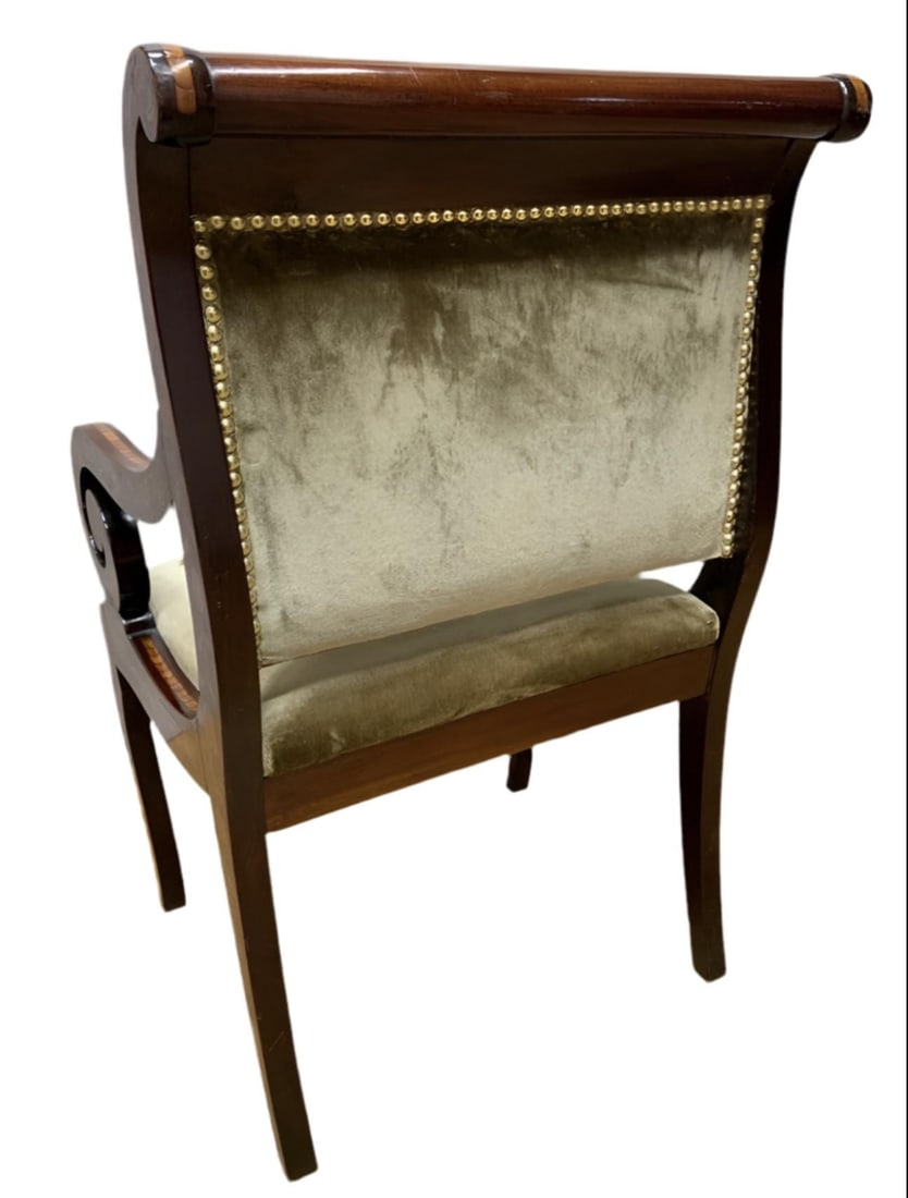 Antique Neoclassical Inlaid Scroll Arm Armchair Desk Chair Newly Upholstered in Gold Velvet - 5