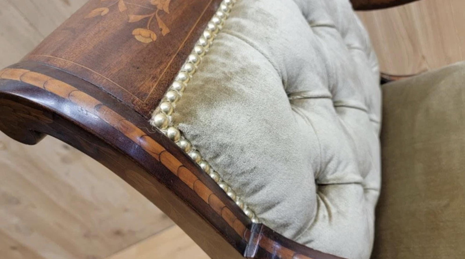 Antique Neoclassical Inlaid Scroll Arm Armchair Desk Chair Newly Upholstered in Gold Velvet - 6