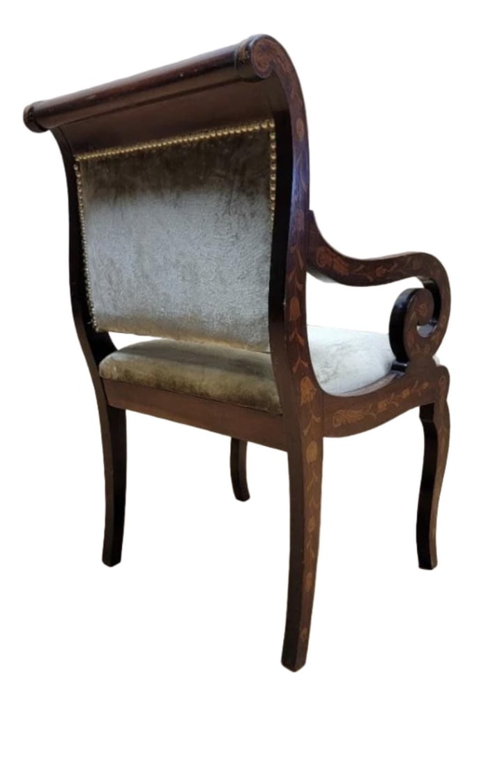 Antique Neoclassical Inlaid Scroll Arm Armchair Desk Chair Newly Upholstered in Gold Velvet - 7