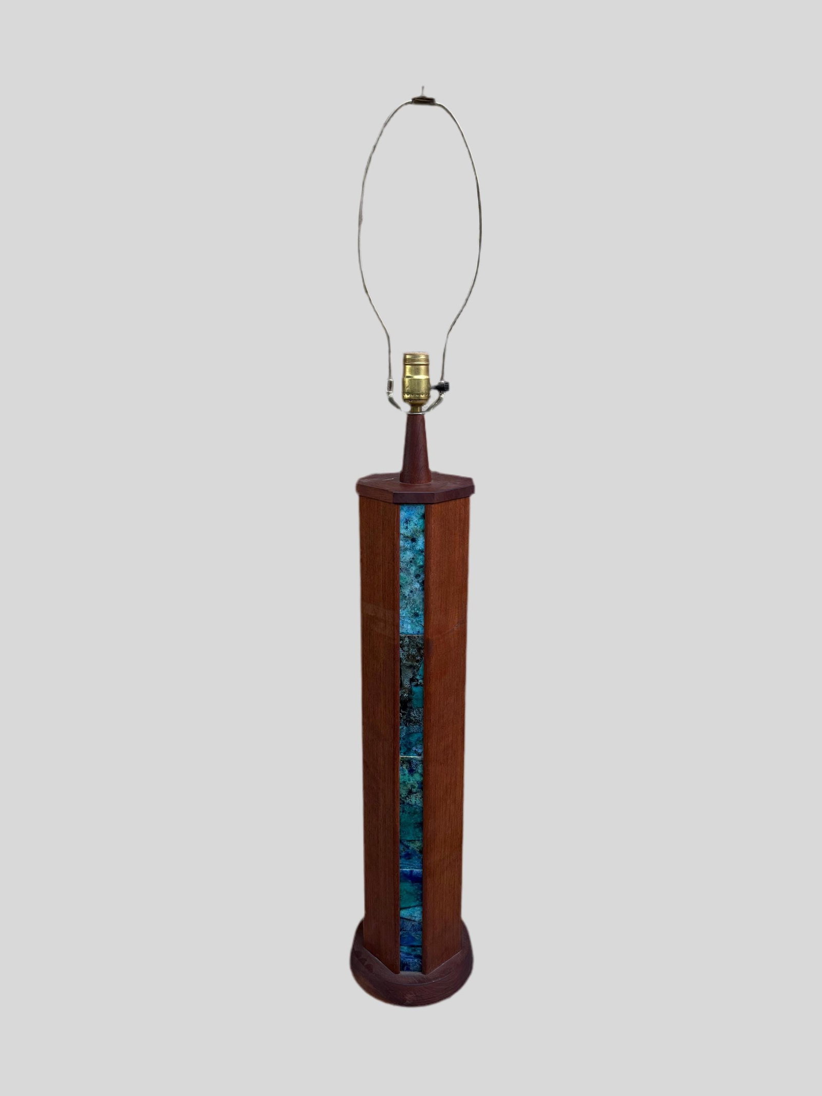 MCM Harris Strong Wood and Ceramic Tile Table Lamp: Materials: TILE, WOODMid Century Modern Harris Strong Wood and Ceramic Tile Table LampBeautiful vintage mcm wood table lamp with vibrant color tile in blue and green. Circa Mid 20th Century Dimensions