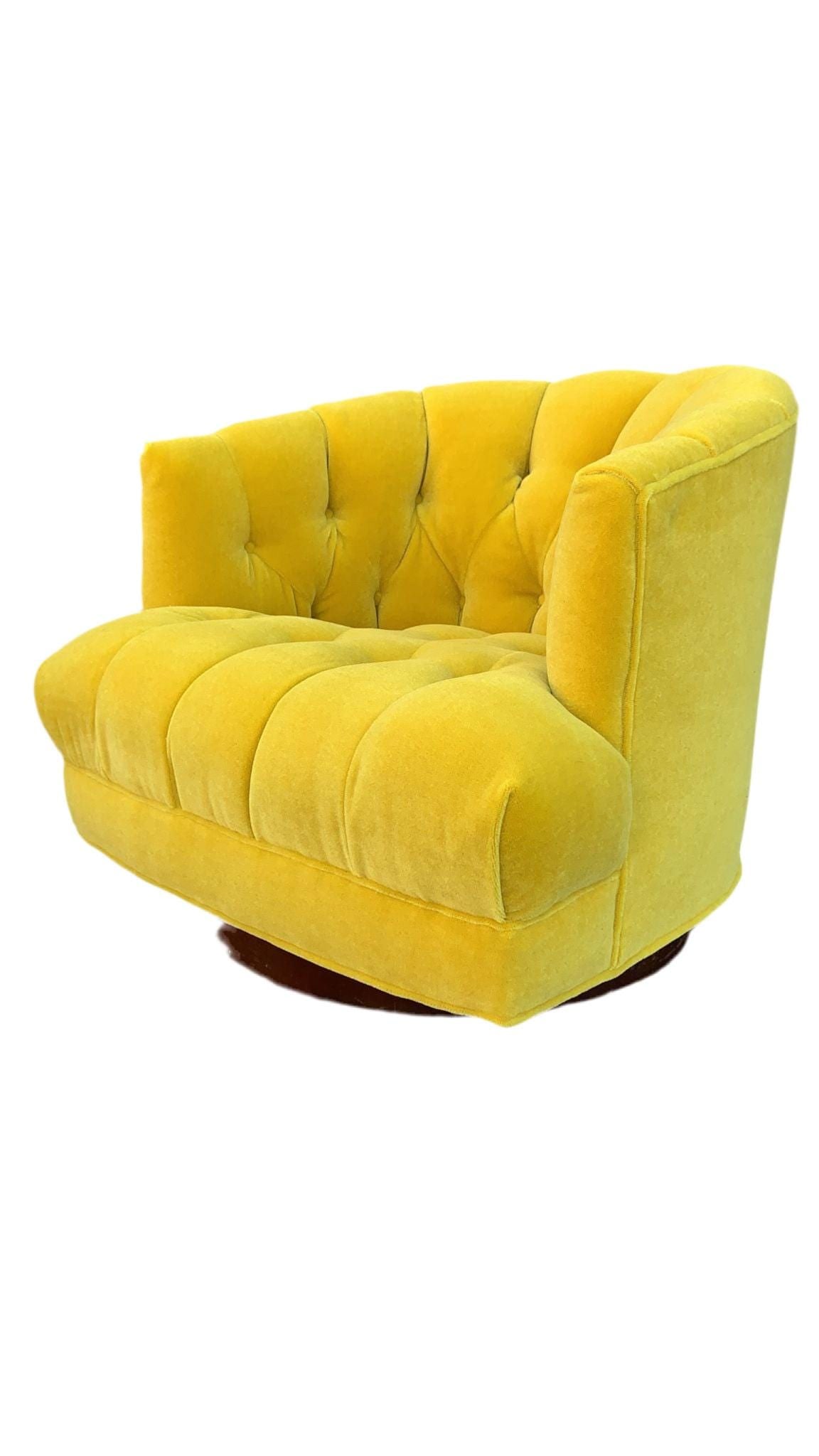 MCM Tufted Barrel Back Swivel Lounge Chair Newly Reupholstered: Materials: MOHAIRMid Century Modern Harvey Probber Style Tufted Barrel Back Swivel Lounge Chair Newly Reupholstered in Plush "Sun-Kiss-Yellow" MohairUnique & Stylish Mid Century Modern Harvey