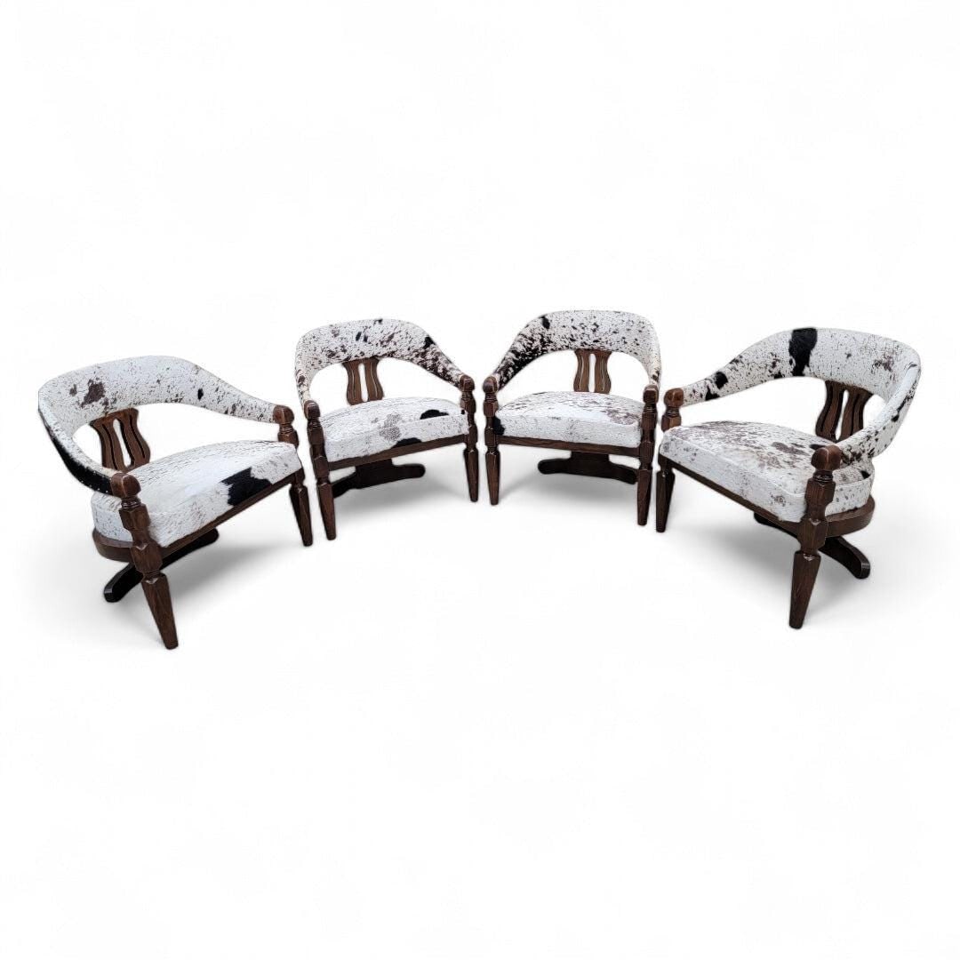 Modern Asian Inspired Dining Chairs Newly Reupholstered - 4: Modern Asian Inspired Carved Curved Back 3 Leg Dining Chairs Newly Restored & Reupholstered in Tri-Color Salt & Pepper Brazilian Cowhide with Nailhead Finish - Set of 4 This set of four