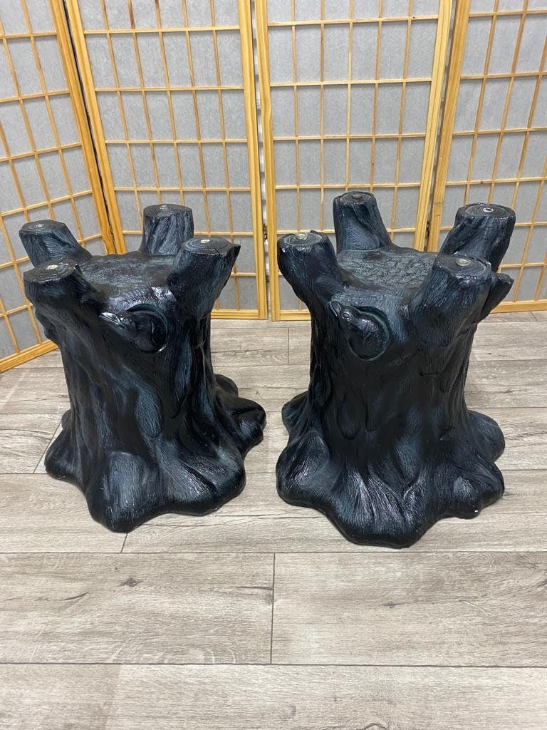 Hollywood Regency Style Black Figural Tree Stump Side Table - Pair: VintageMaterials: resin, fiberglassWidth: 19 inchesHeight: 20 inchesDepth: 19 inchesVintage Hollywood Regency Style Black Figural Tree Stump Side Table - PairCool pair of Faux Wood Stump Side Tables w