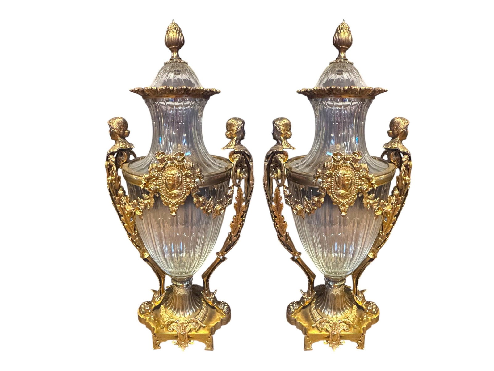 Antique French Gilt Bronze Diamond Cut Baccarat Crystal Urns Signed - Pair: Antique Signed French Gilt Bronze Mounted Diamond Cut Baccarat Crystal Urns - PairThis pair of beautiful urns feature bronze detailing and French diamond and channel cut Baccarat crystal. Each urn