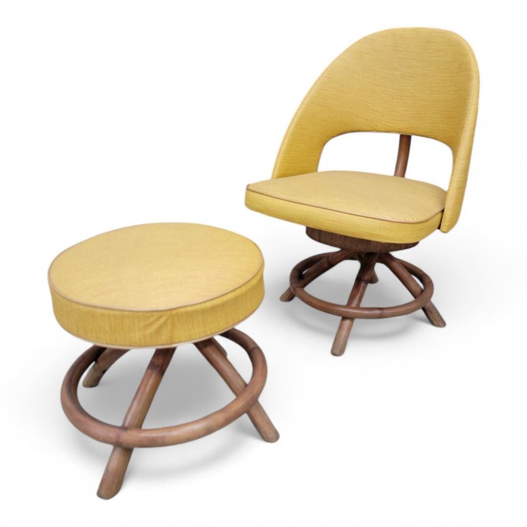 MCM Saarinen Style Swivel Chair and Ottoman: Overall width: 19.5 inchesOverall height: 29 inchesOverall depth: 21 inchesSeat height: 16 inchesMid Century Modern Saarinen Style Wicker Swivel Chair and Ottoman - 2 Piece SetThe chair and ottoman