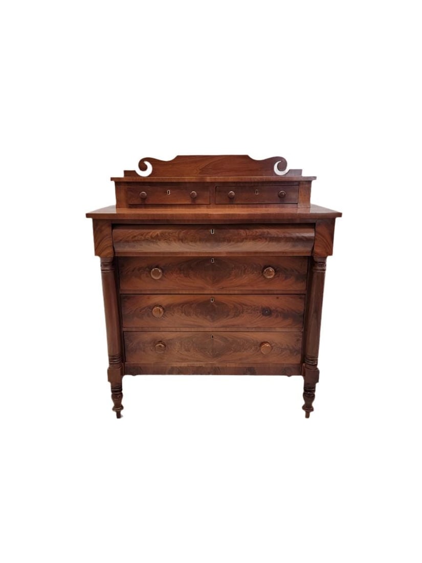 Antique American Empire Flame Mahogany Chest: Antique American Empire Flame Mahogany Step Back Chest of Drawers BuffetDecorate your bedroom with this beautiful mahogany chest of drawers. The piece has six drawers, ample storage space. The top of