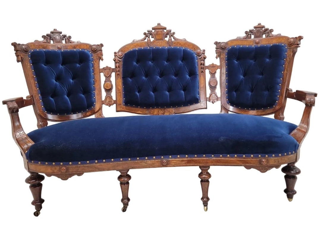 Antique Victorian Eastlake Style Carved Tufted Settee Newly Reupholstered (1 of 7)
