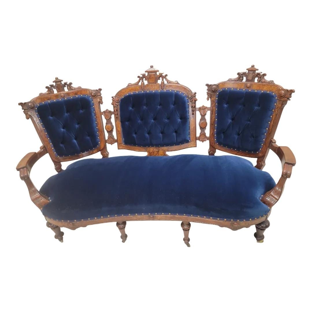 Antique Victorian Eastlake Style Carved Tufted Settee Newly Reupholstered - 2