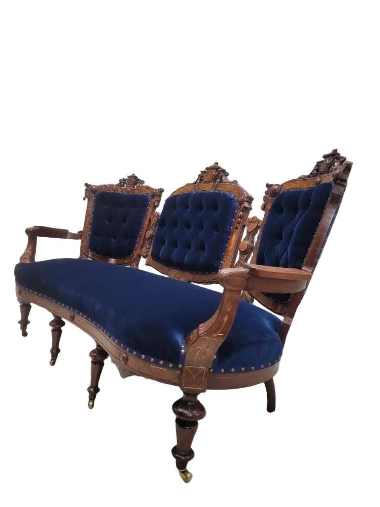 Antique Victorian Eastlake Style Carved Tufted Settee Newly Reupholstered - 3