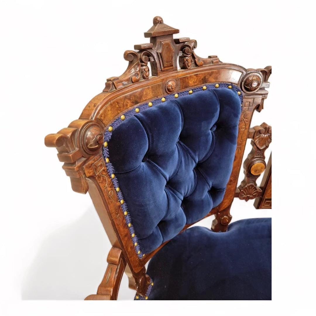 Antique Victorian Eastlake Style Carved Tufted Settee Newly Reupholstered - 4