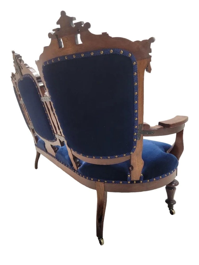 Antique Victorian Eastlake Style Carved Tufted Settee Newly Reupholstered - 5