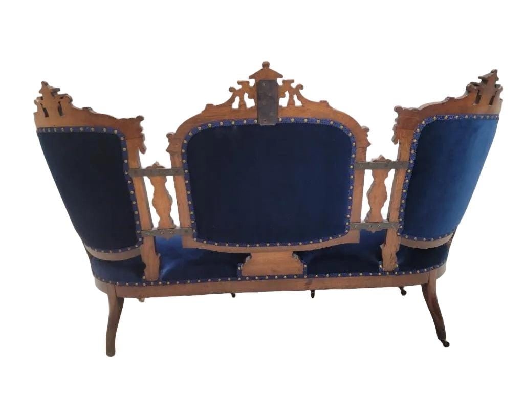 Antique Victorian Eastlake Style Carved Tufted Settee Newly Reupholstered - 7