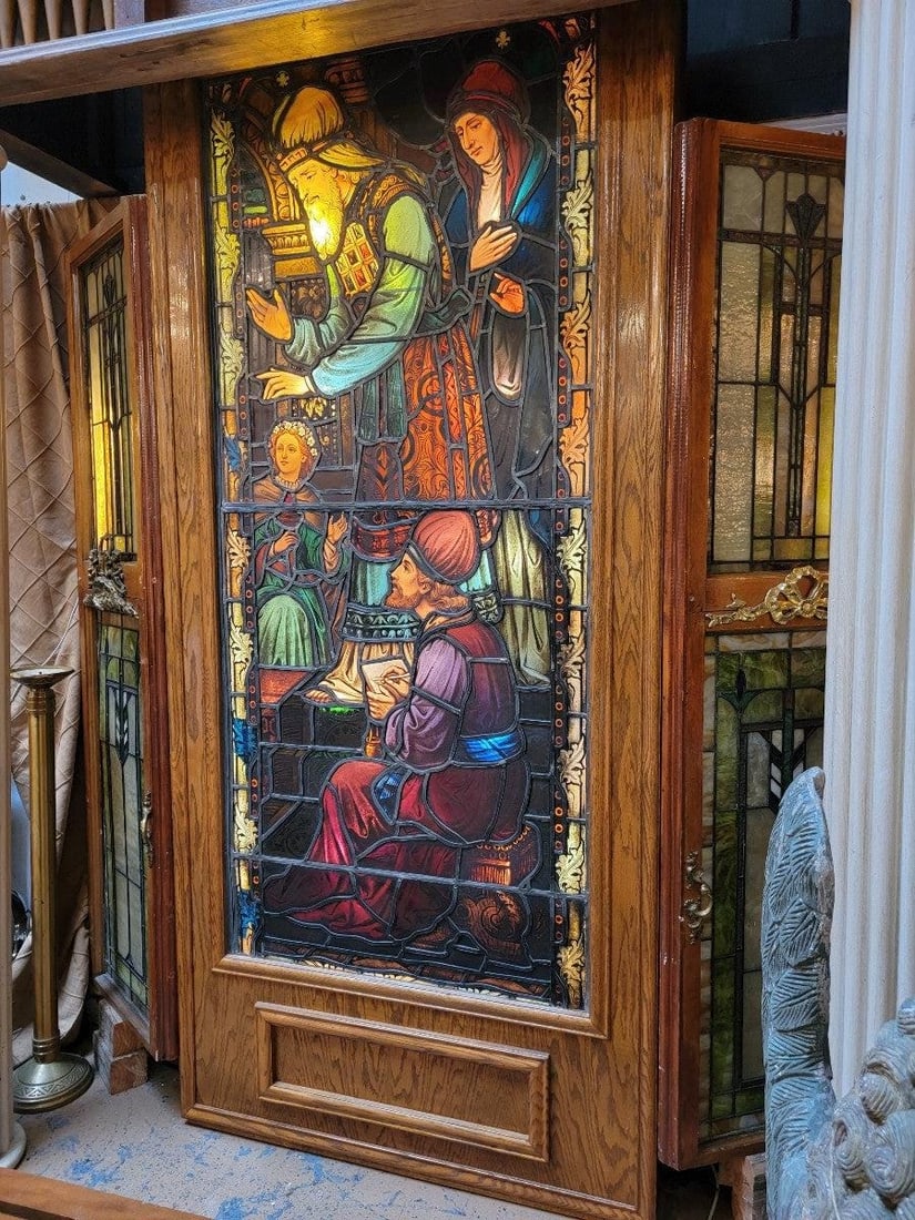 Antique Enclosed Free Standing Light Box with Stained Glass Church Window - 2