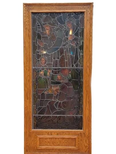 Antique Enclosed Free Standing Light Box with Stained Glass Church Window - 4