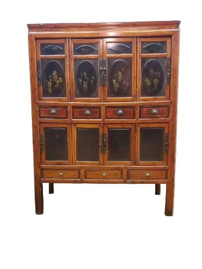 Antique Chinese Cabinet: Antique Chinese 8 Door Cabinet with Painted and Gilded DesignsThis gorgeous cabinet has 8 doors and 7 drawers. Each door has beautiful gilded paintings, The upper 4 doors are each divided into 2