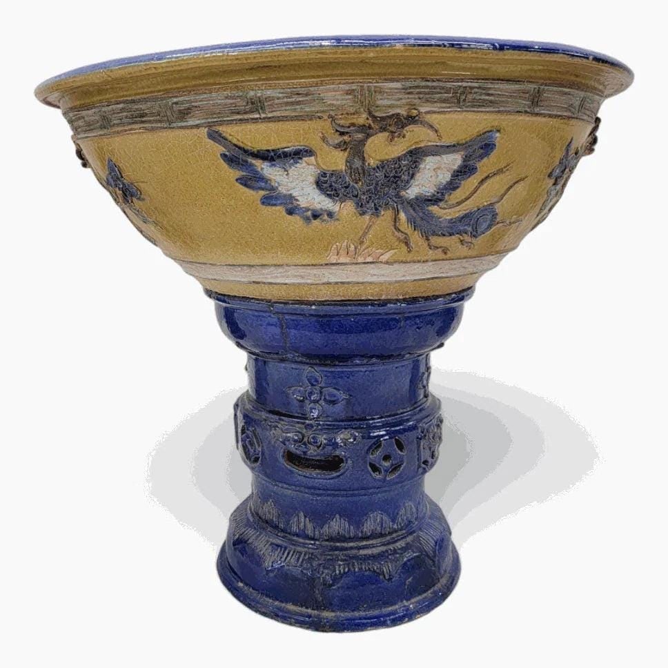 Antique Yellow and Blue-Glazed Planter Pot from Guangdong Province: Antique Yellow and Blue-Glazed Planter Pot from Guangdong Province with StandThis decorated planter originates from Guangdong, located on the north shore of the South China Sea. The bowl is adorned