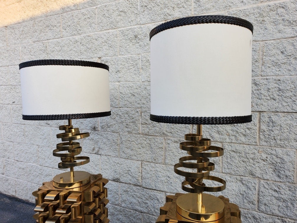 Designer Luciano Frigerio Style Brass Spiral Table Lamps with Custom Shades - Set of 2 - 2