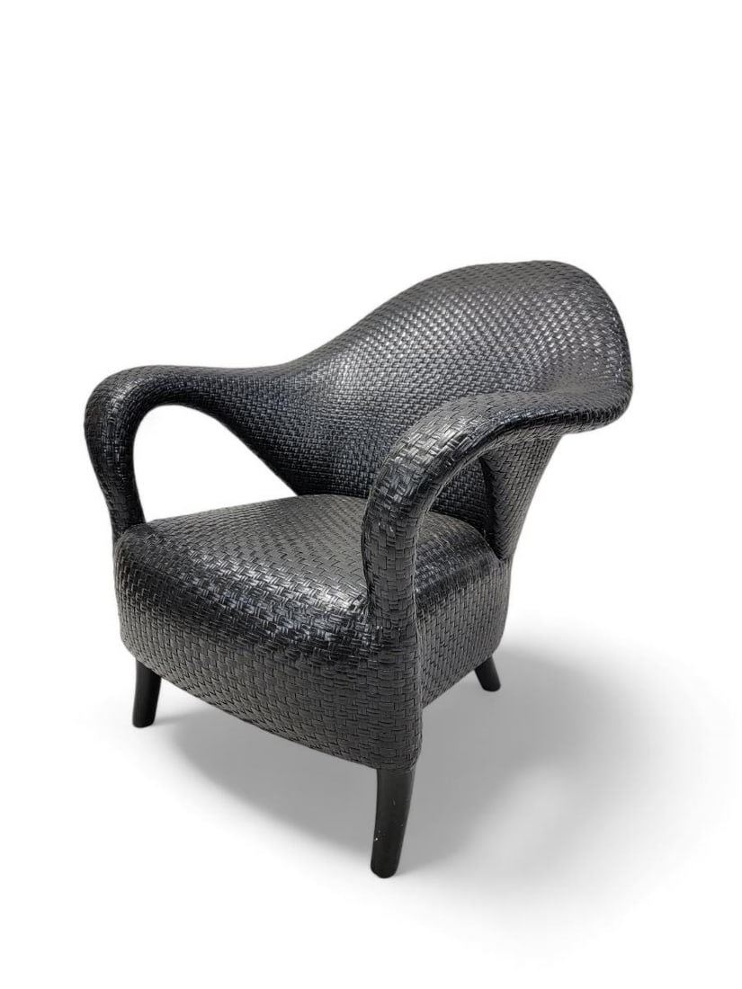 Vintage Italian Sculptural Woven Leather Rattan Style Lounge Chair - 3