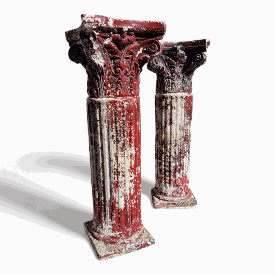 Vintage Red Corinthian Column Pedestals Stand - Pair - 3