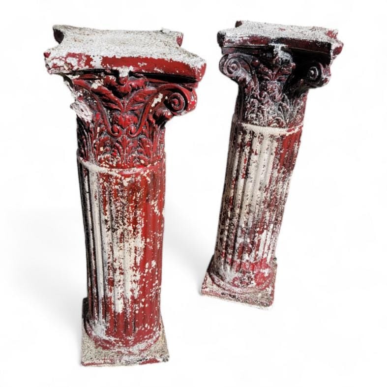 Vintage Red Corinthian Column Pedestals Stand - Pair - 4
