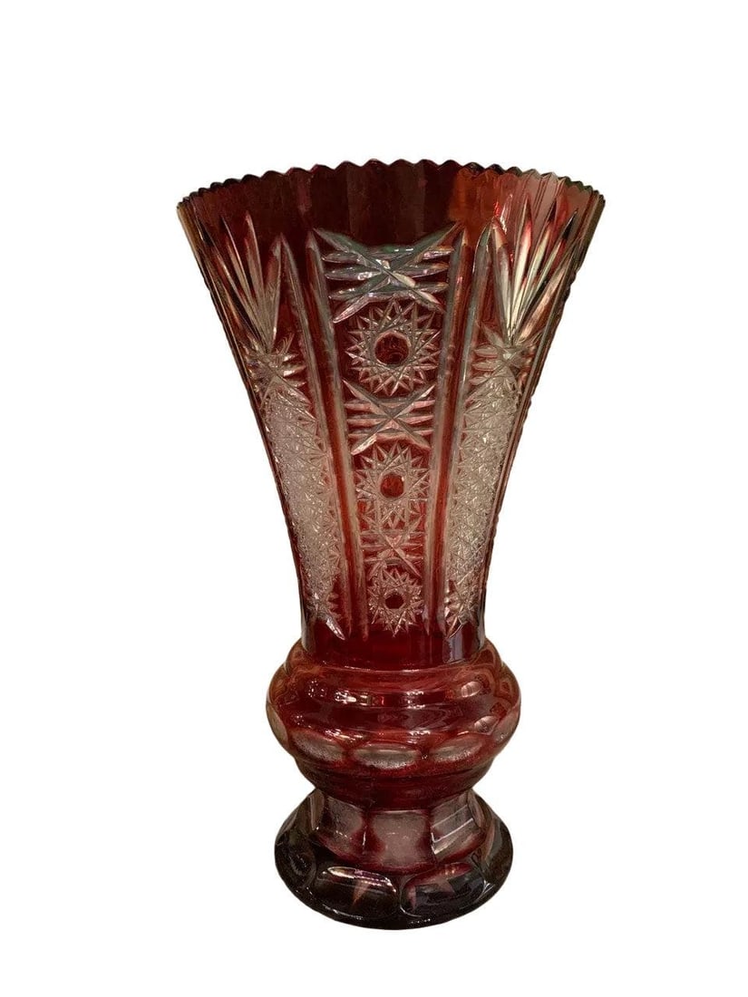 Mid Century Crystal Cut Cranberry Vase - 2