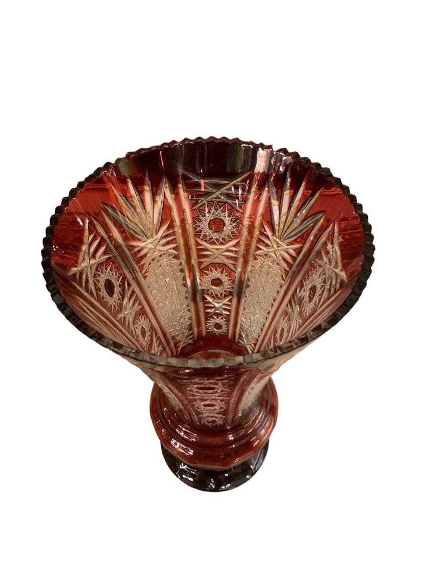 Mid Century Crystal Cut Cranberry Vase - 3