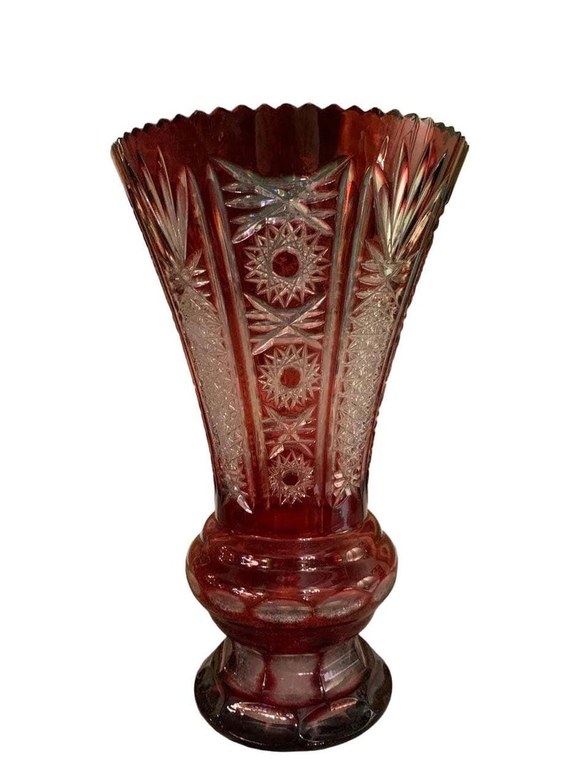 Mid Century Crystal Cut Cranberry Vase - 4