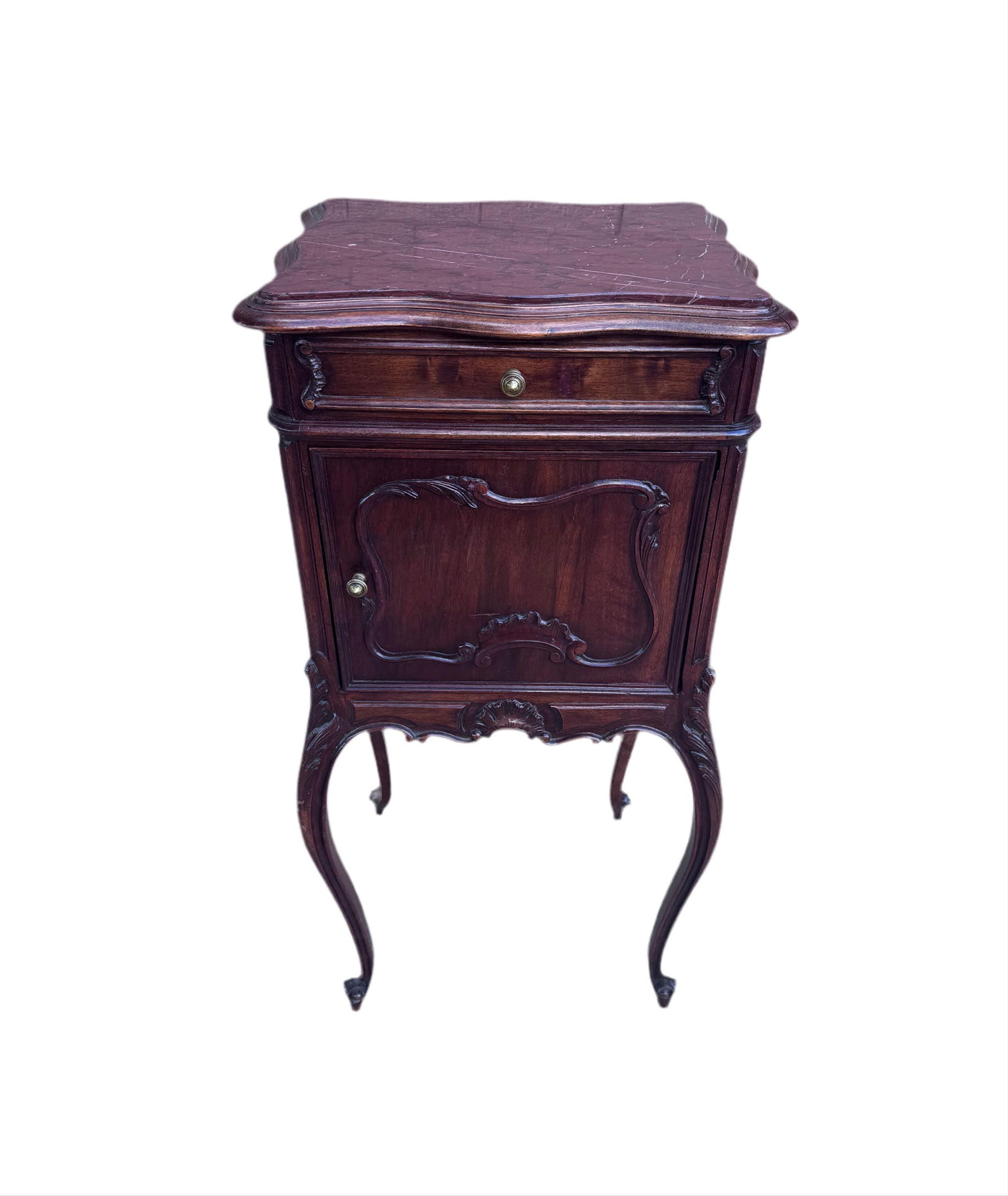 Antique French Louis XV Style Humidor Smoking Storage Table: Antique French Louis XV Style Carved Marble Top Smoking Stand/ End TableThe cabinet has a carved front, top drawer over marble lined tobacco cabinet with carved cabriole legs.Circa Late 19th