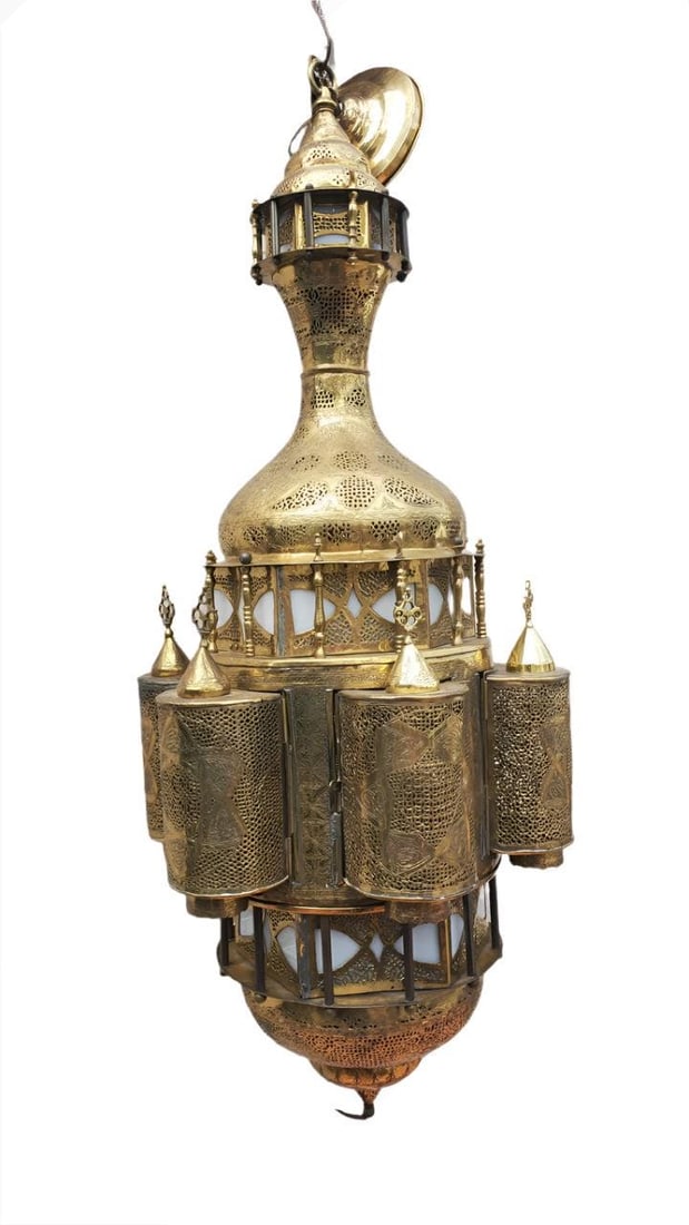 Antique Large Moorish Style Pierced Brass Chandelier: Antique Large Moorish Style Pierced Brass 6 Light Moroccan ChandelierSpectacular, exquisite pierced brass Moroccan chandelier. Hand crafted and chiseled with fine filigree designs. Bronze patina