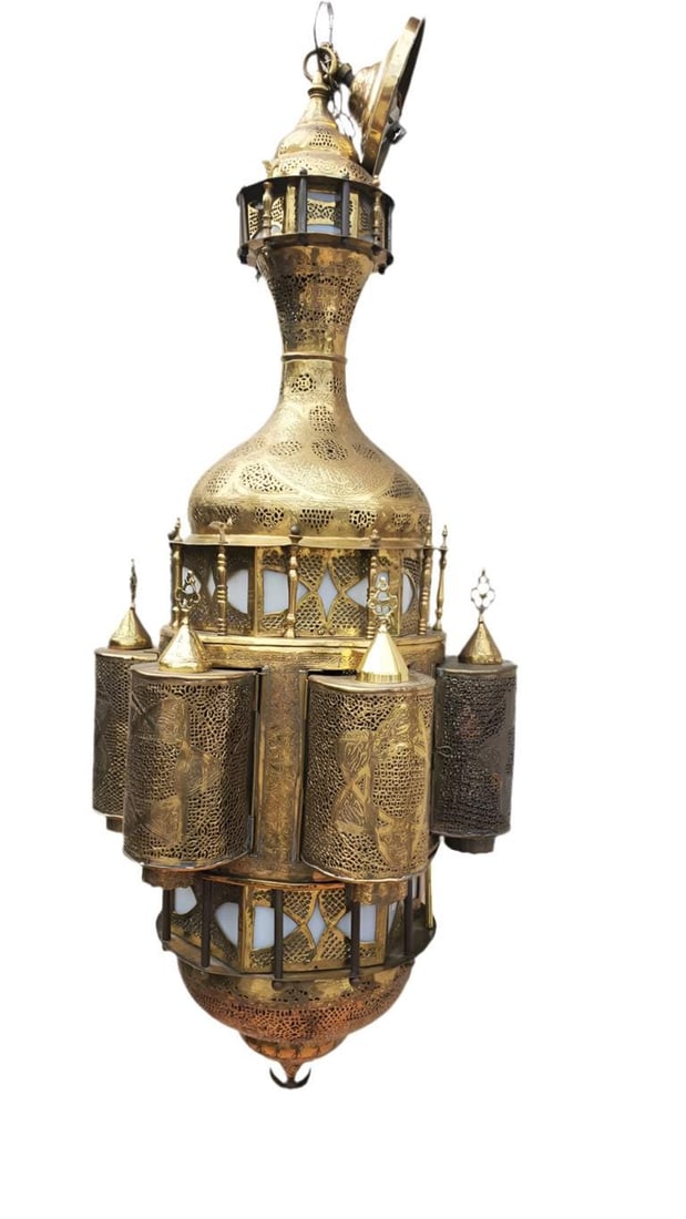 Antique Large Moorish Style Pierced Brass Chandelier - 2
