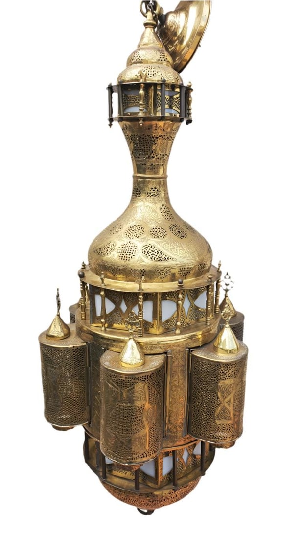 Antique Large Moorish Style Pierced Brass Chandelier - 3