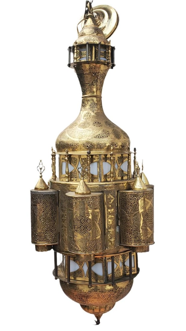 Antique Large Moorish Style Pierced Brass Chandelier - 4