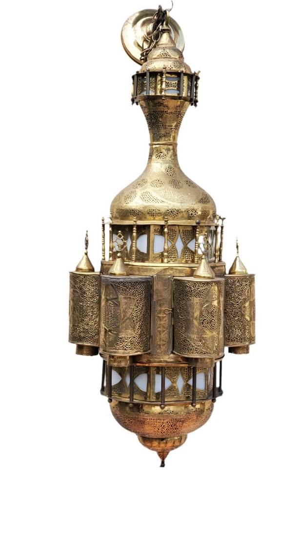 Antique Large Moorish Style Pierced Brass Chandelier - 5