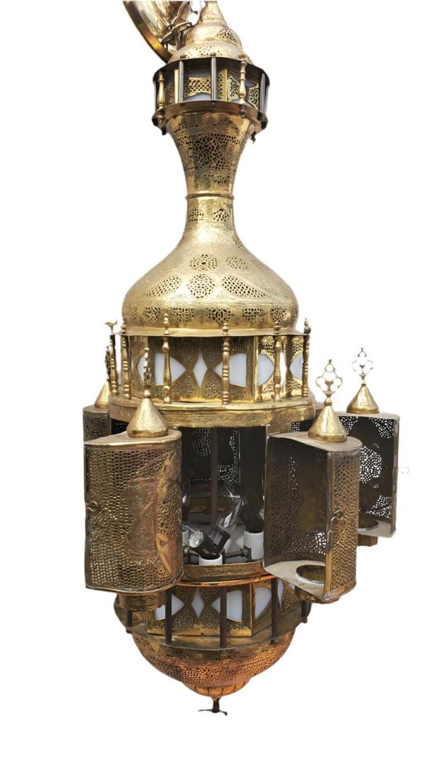 Antique Large Moorish Style Pierced Brass Chandelier - 6