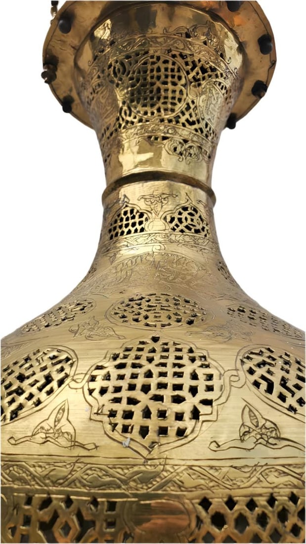 Antique Large Moorish Style Pierced Brass Chandelier - 7