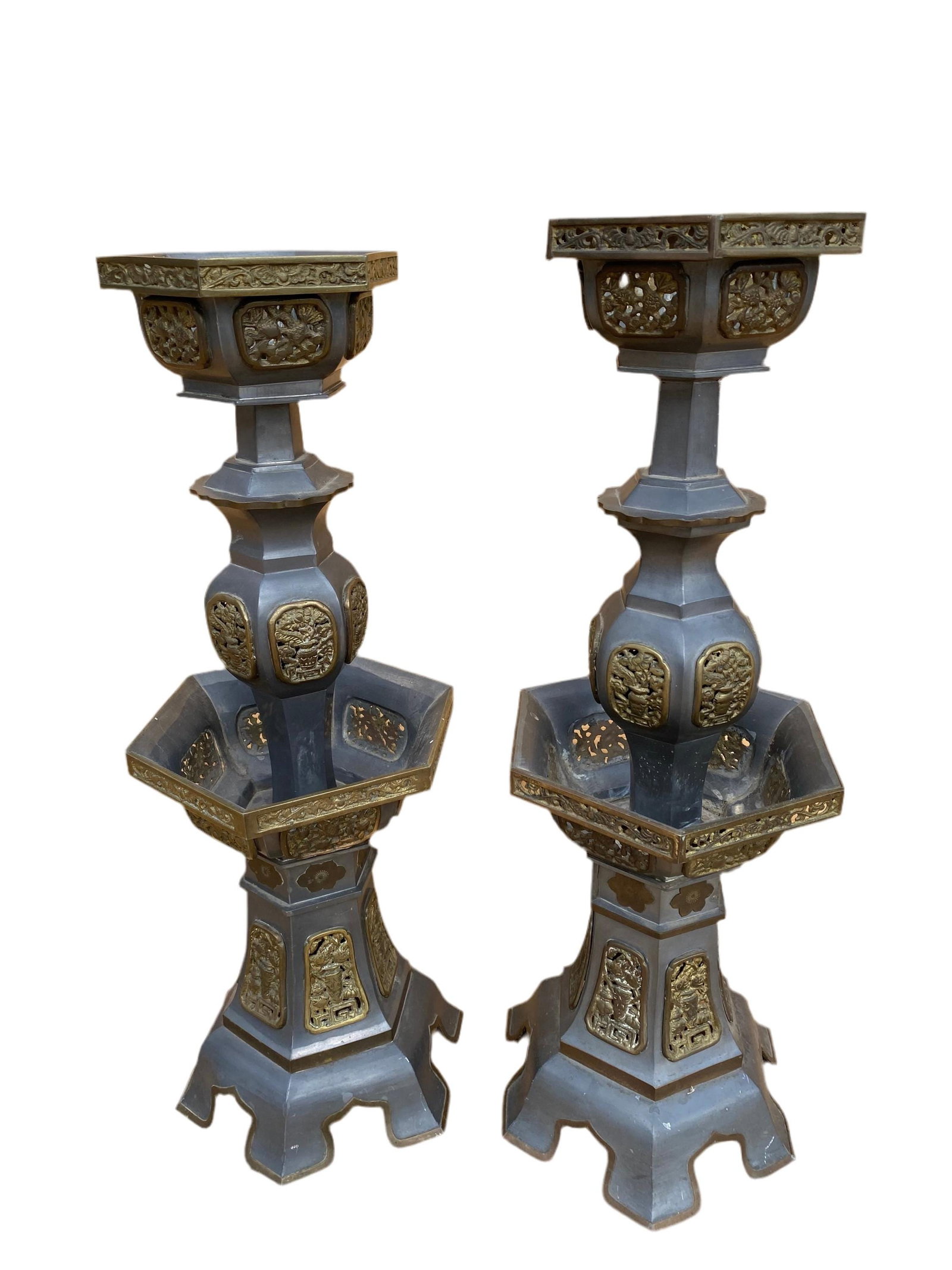Vintage Pewter and Gilt Chinese Temple Candlesticks - Pair: Vintage Pewter and Gilt Chinese Temple Candlesticks - PairVintage pair of Chinese temple candlesticks with foliage and birds depicted on pierced body with original patina.Circa Mid 20th Century