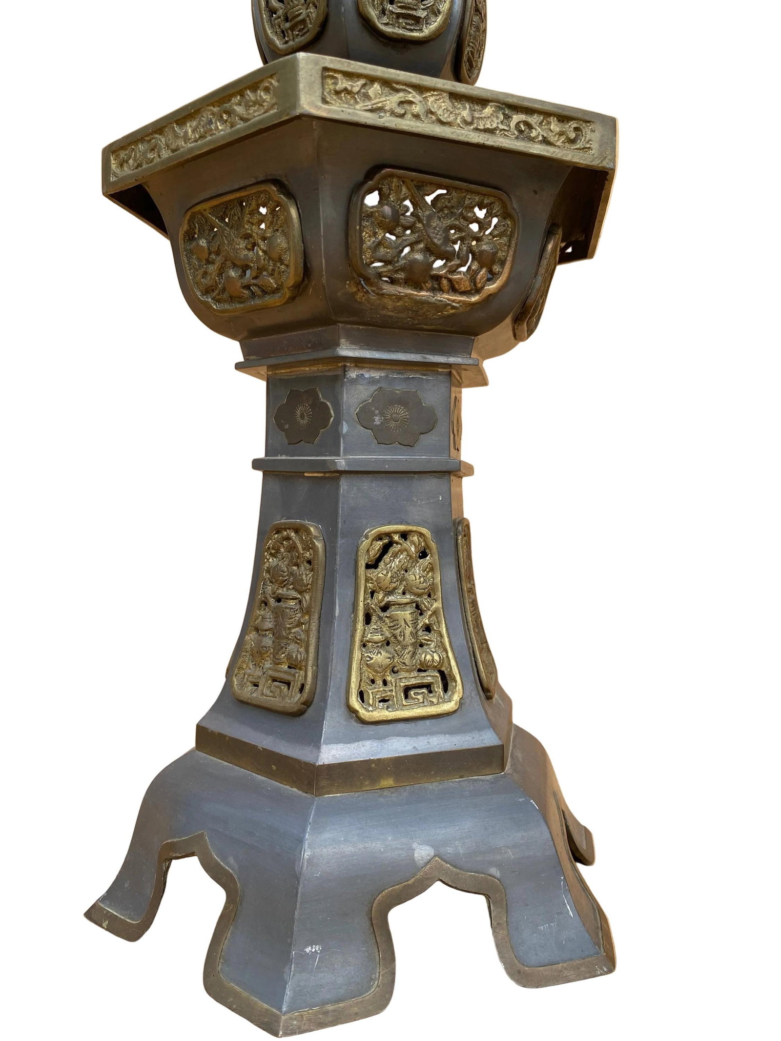Vintage Pewter and Gilt Chinese Temple Candlesticks - Pair - 2