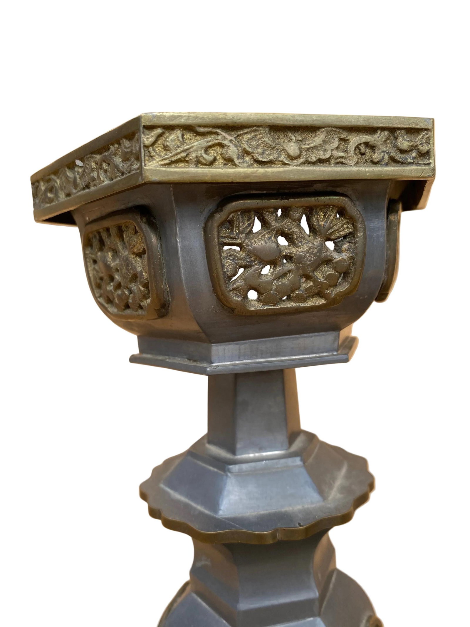 Vintage Pewter and Gilt Chinese Temple Candlesticks - Pair - 3