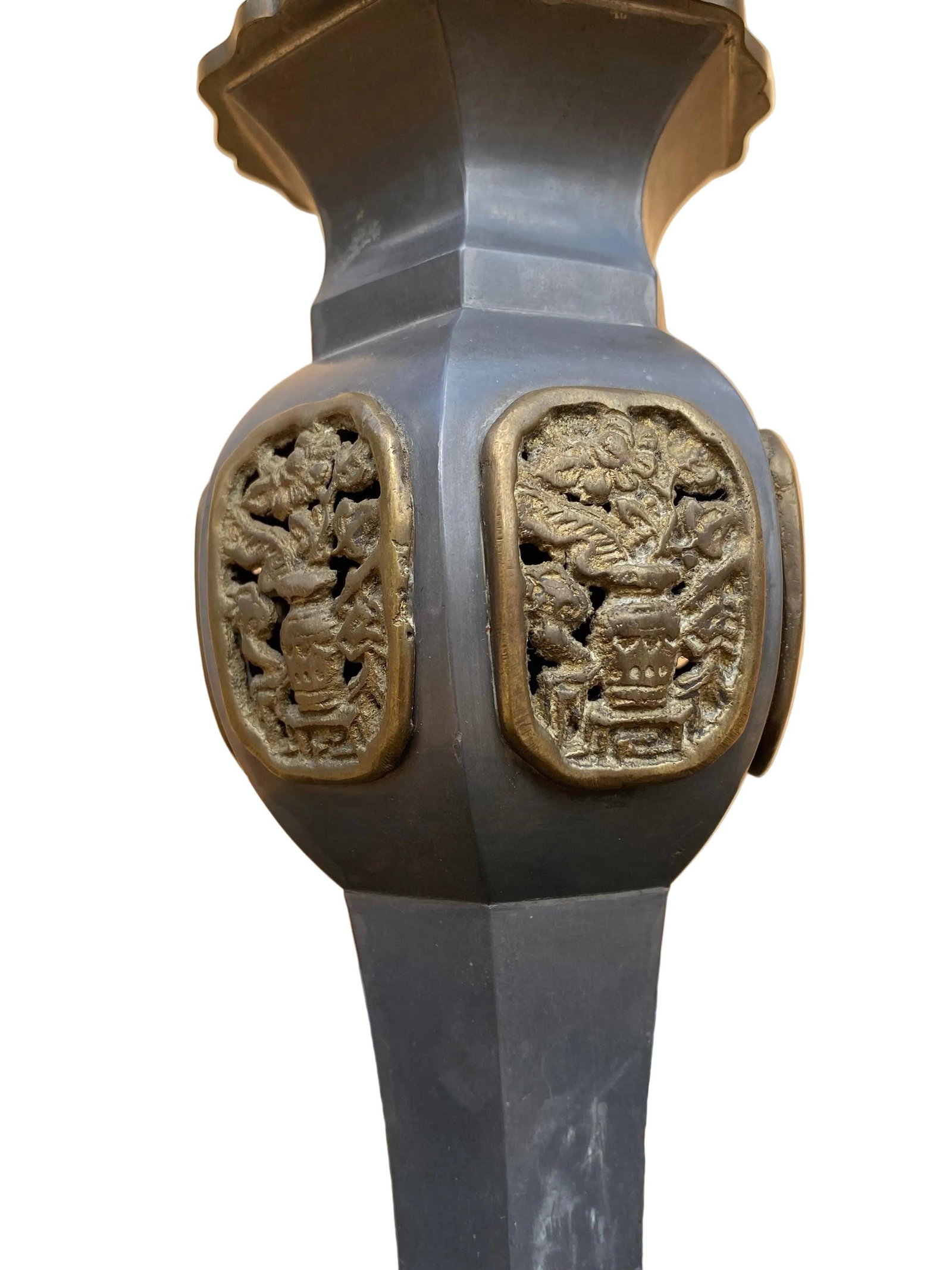 Vintage Pewter and Gilt Chinese Temple Candlesticks - Pair - 5