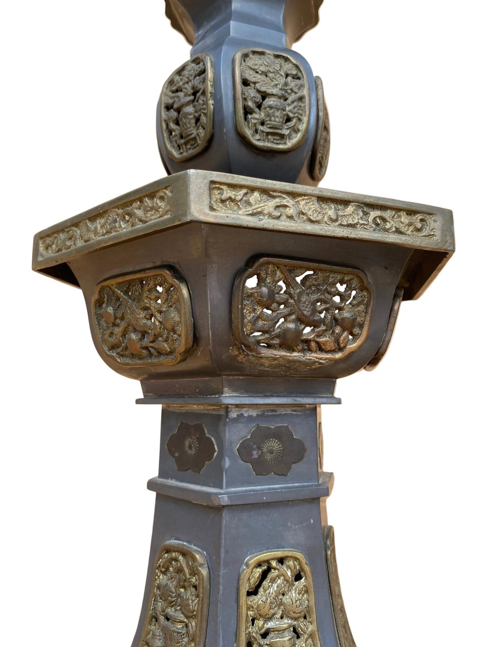 Vintage Pewter and Gilt Chinese Temple Candlesticks - Pair - 6