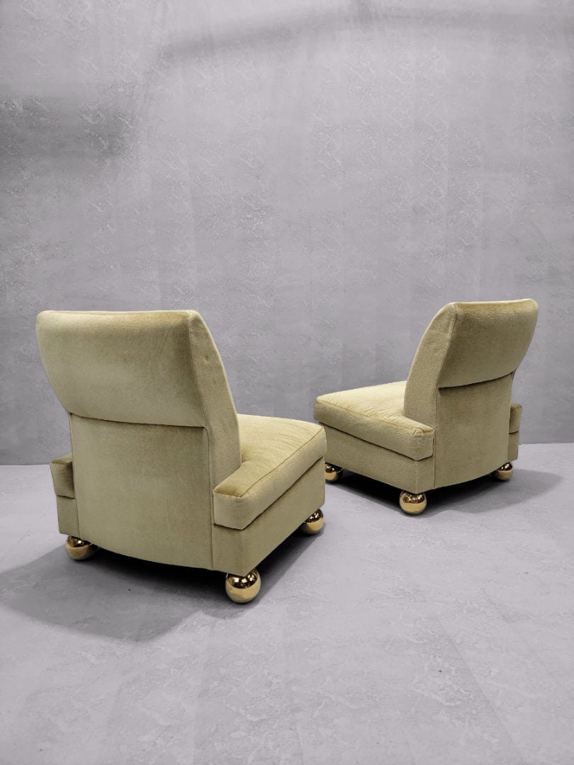 Vintage Gold Mohair Slipper Chairs with Brass Ball Feet - Set of 4 - 2