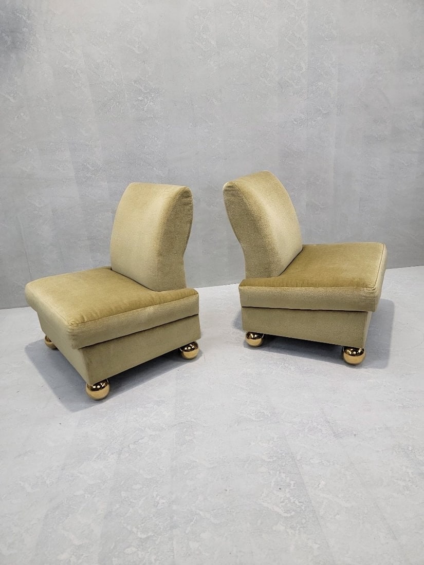 Vintage Gold Mohair Slipper Chairs with Brass Ball Feet - Set of 4 - 6