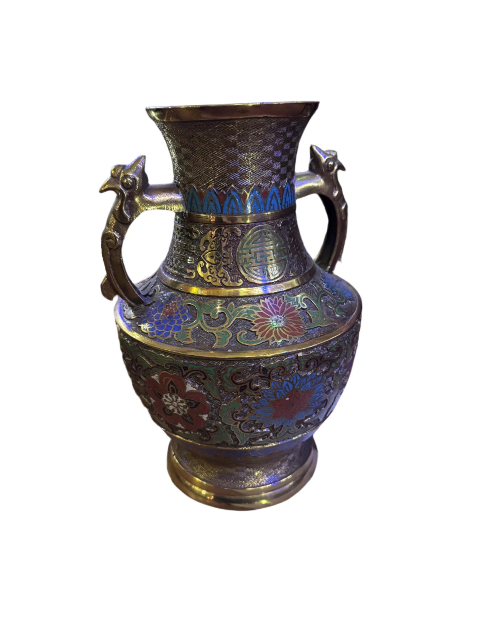 Antique Japanese Bronze Cloisonné/Champleve Vase: Antique Japanese Bronze Cloisonné/Champleve Vase UrnThis antique Japanese bronze floral vase showcases the timeless artistry of traditional Japanese craftsmanship. Featuring intricate designs