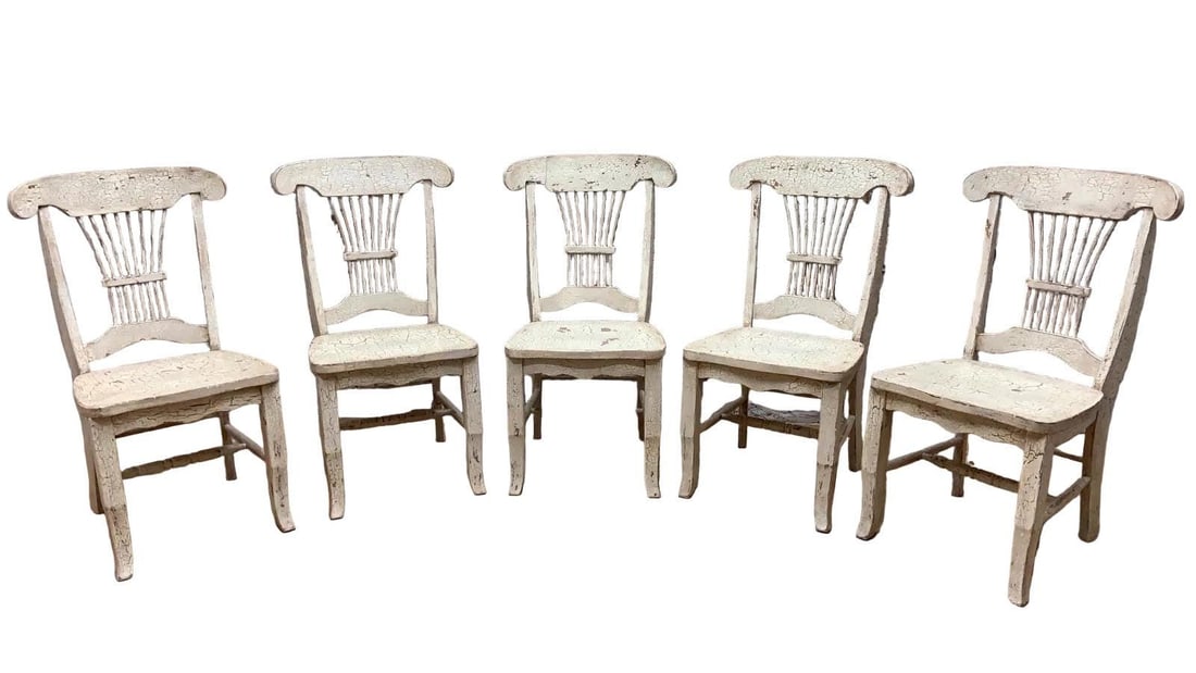 Vintage Farmhouse Style Distressed Dining Chairs - Set of 5: Vintage Farmhouse Style Distressed Dining Chairs - Set of 5Featuring five vintage farmhouse style distressed dining chairs, designed to bring a rustic charm to any home. Crafted with durable